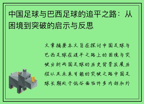 中国足球与巴西足球的追平之路：从困境到突破的启示与反思
