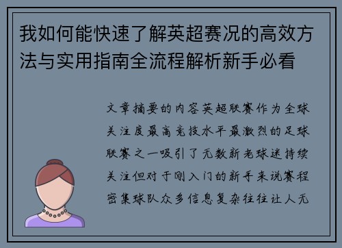 我如何能快速了解英超赛况的高效方法与实用指南全流程解析新手必看